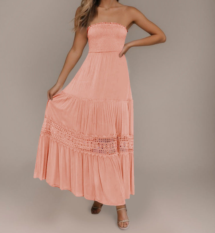Strapless Smocked Bodice Crochet Lace Insert Tiered Boho Maxi Dress 10