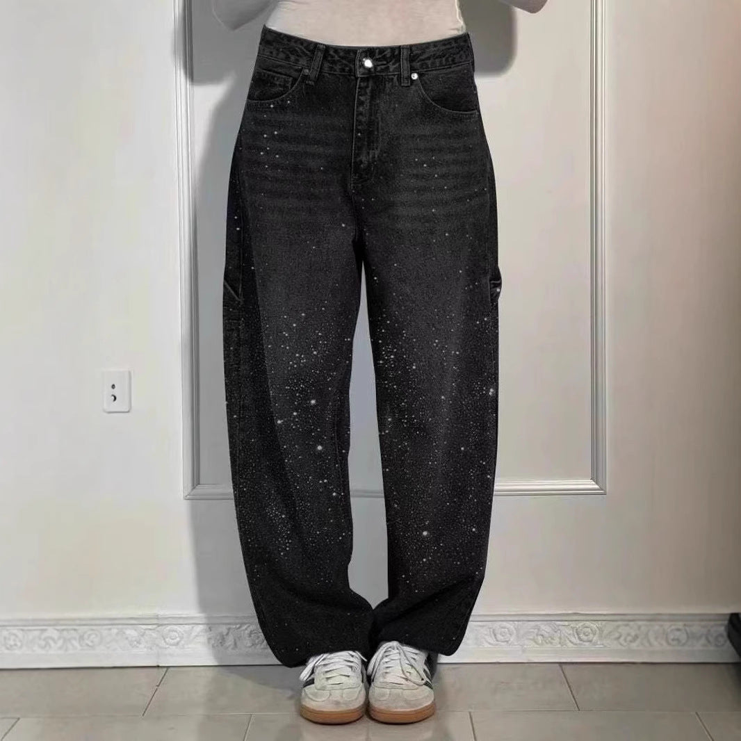 Star Rhinestone High Waist Wide Leg Jeans