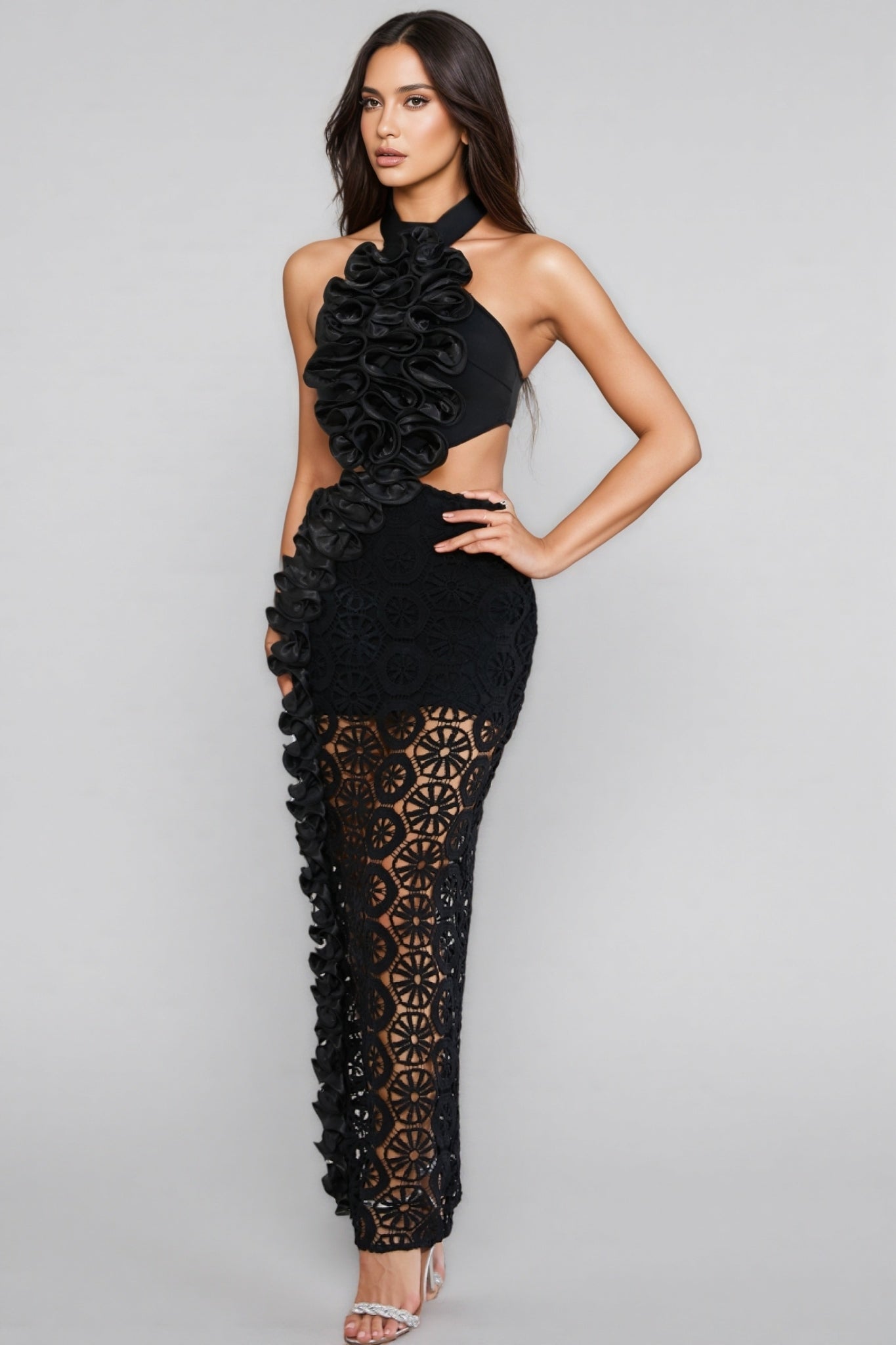 Yanld Black 3D Lace Ruffled Maxi Dress - View 2