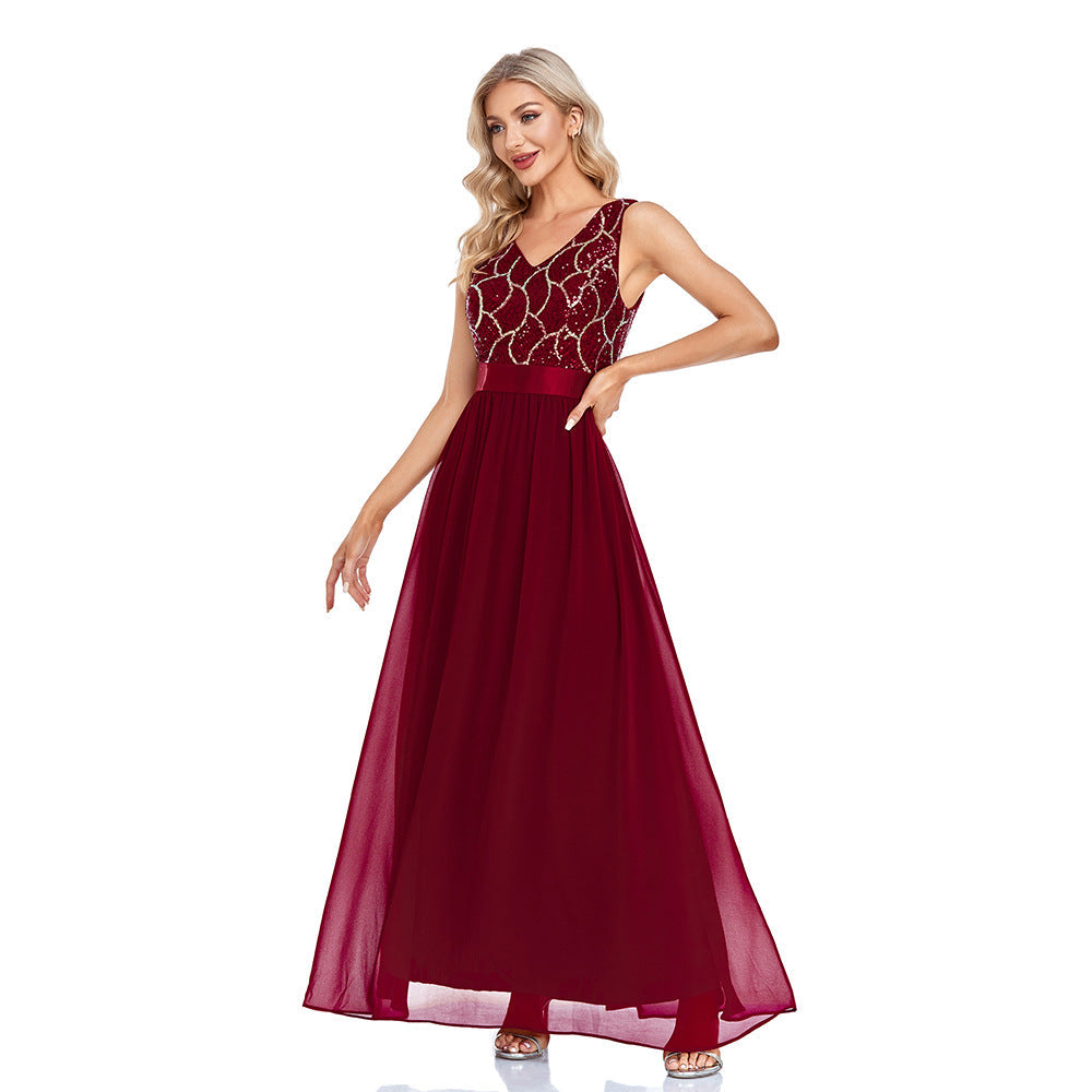 Sequin V-Neck Sleeveless Chiffon A-Line Maxi Gown