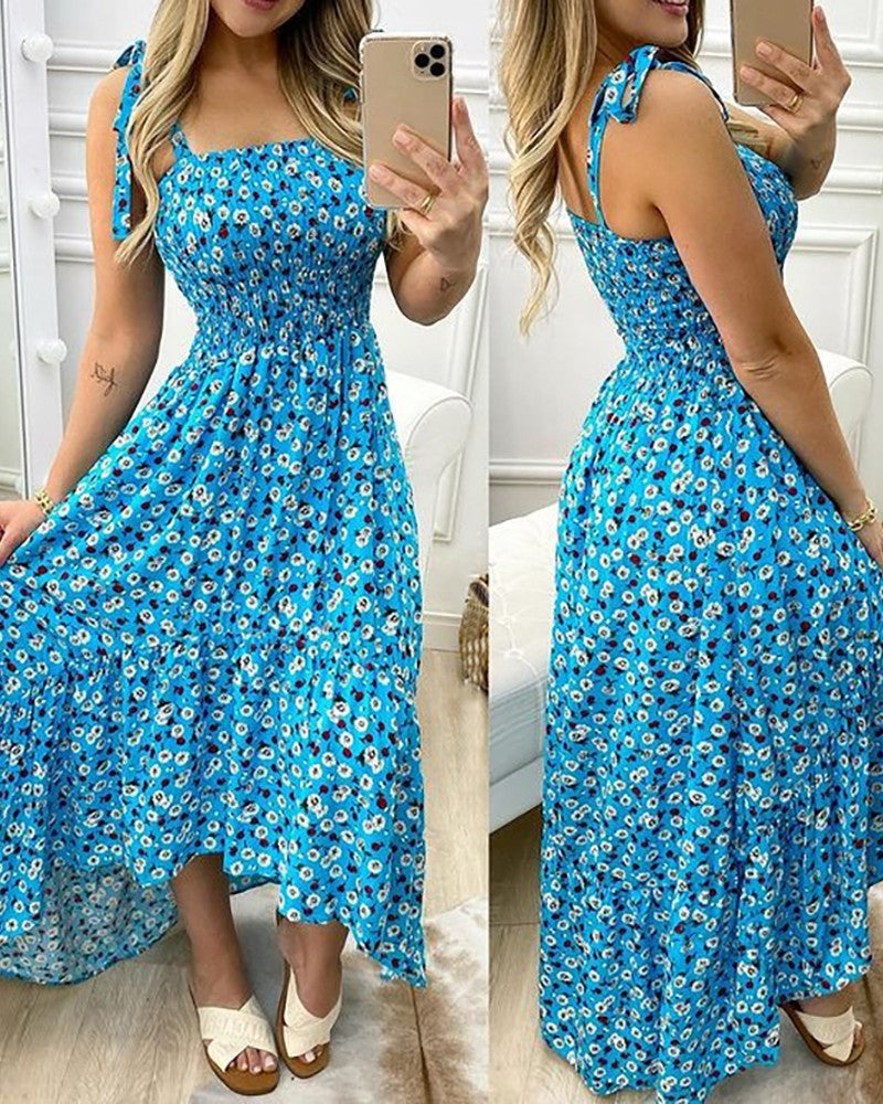 Floral Print Shirred Tie Strap Ruffle Hem Midi Dress