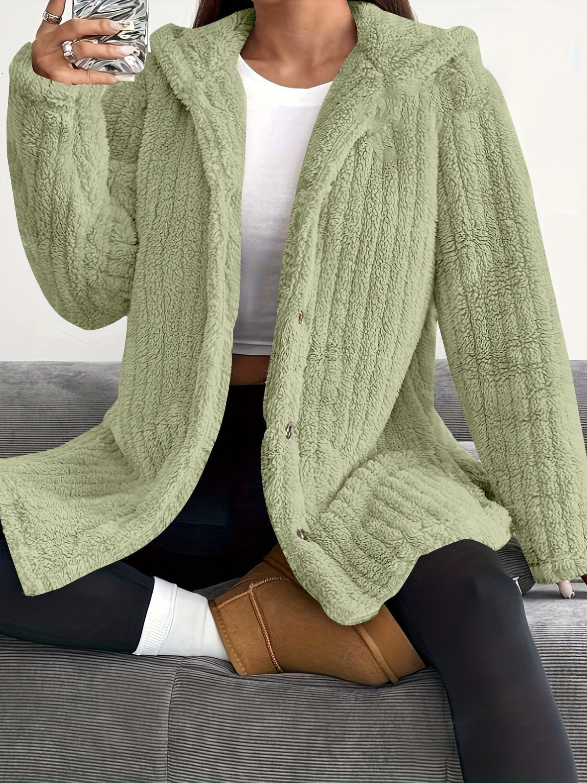 Hooded Button Front Fleece Cardigan Coat