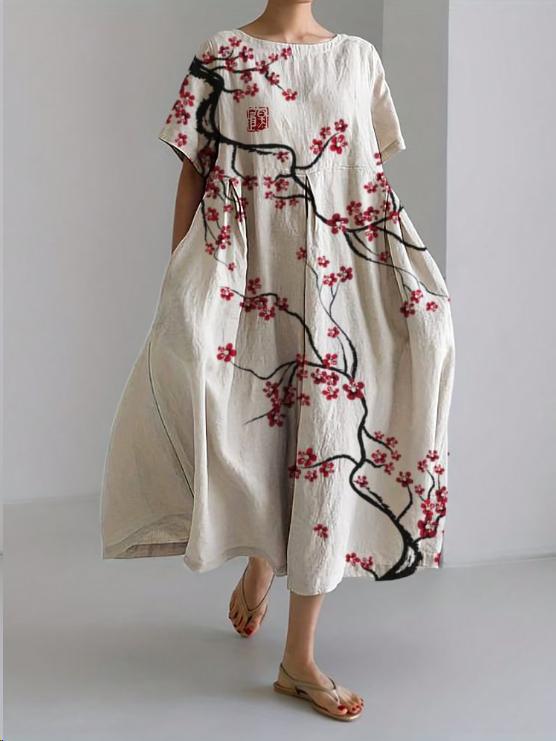 Floral Print Round Neck Drop Shoulder Short Sleeve Oversized Pleated Maxi Dress