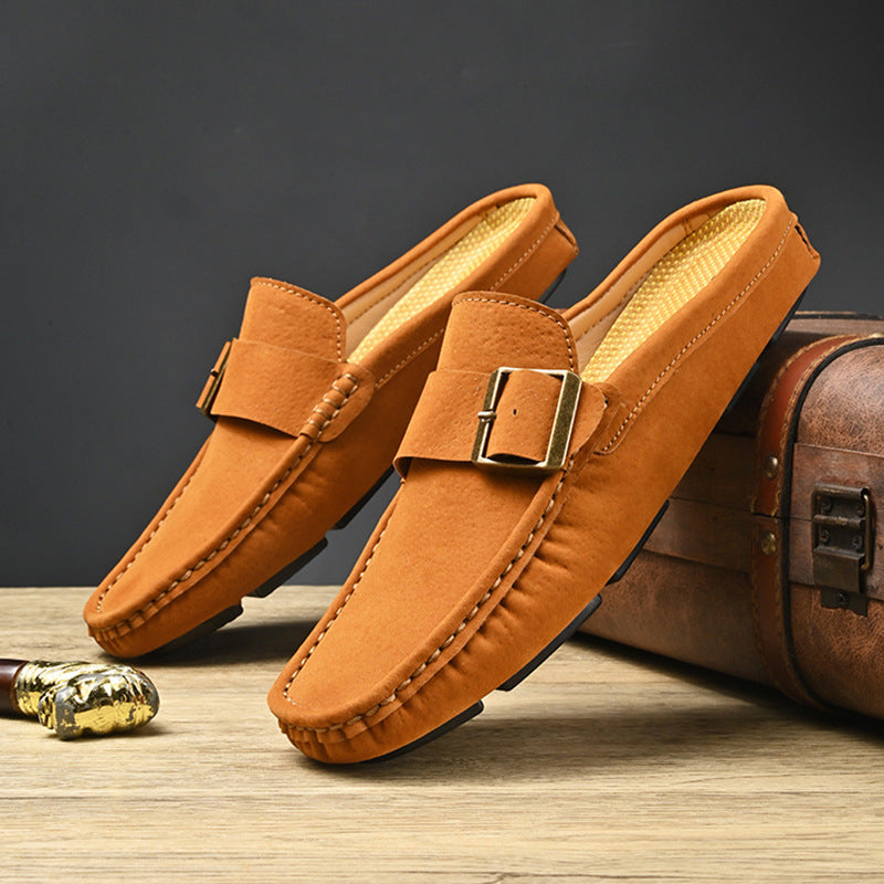 Suede-Look Buckle Backless Loafer Mules