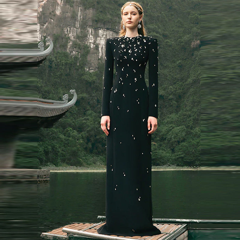 Round Neck Long Sleeve Beaded Column Maxi Evening Gown