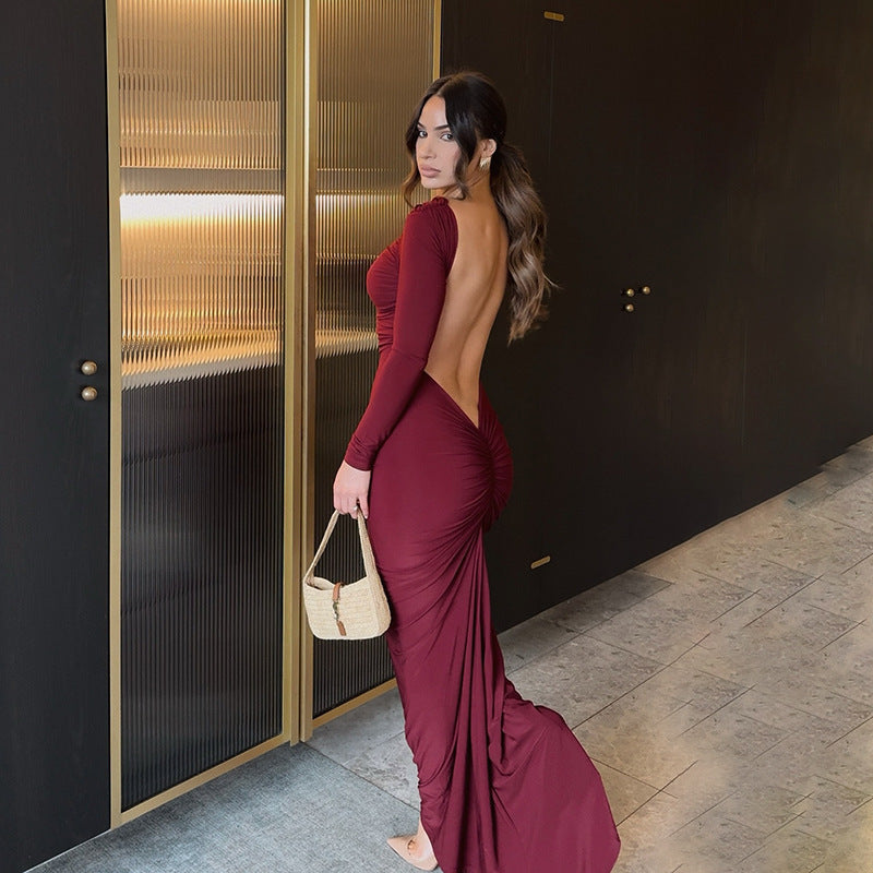 Autumn Hip Fashionable Elegant Sexy Bare Back Long Sleeve Dress for Women