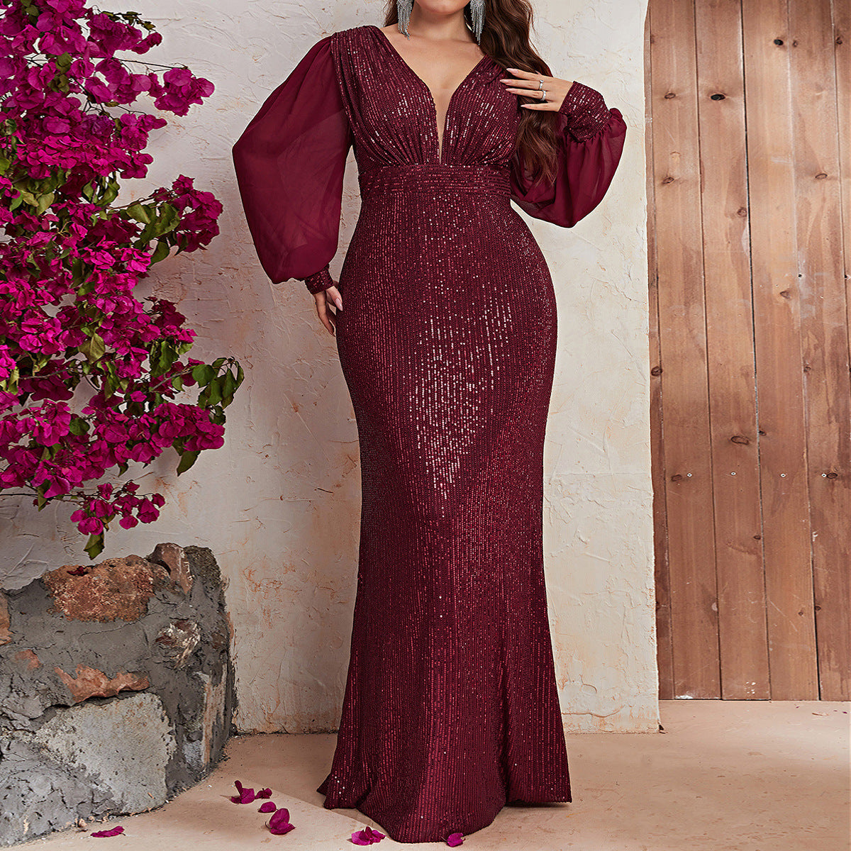 Plus Size Sequin Formal Dress Sequin Long Sleeve V neck Prom Party Dress Fishtail Dress