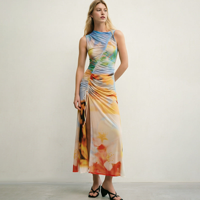 Abstract Floral Print Mesh Sleeveless Ruched Drawstring High Split Midi Dress