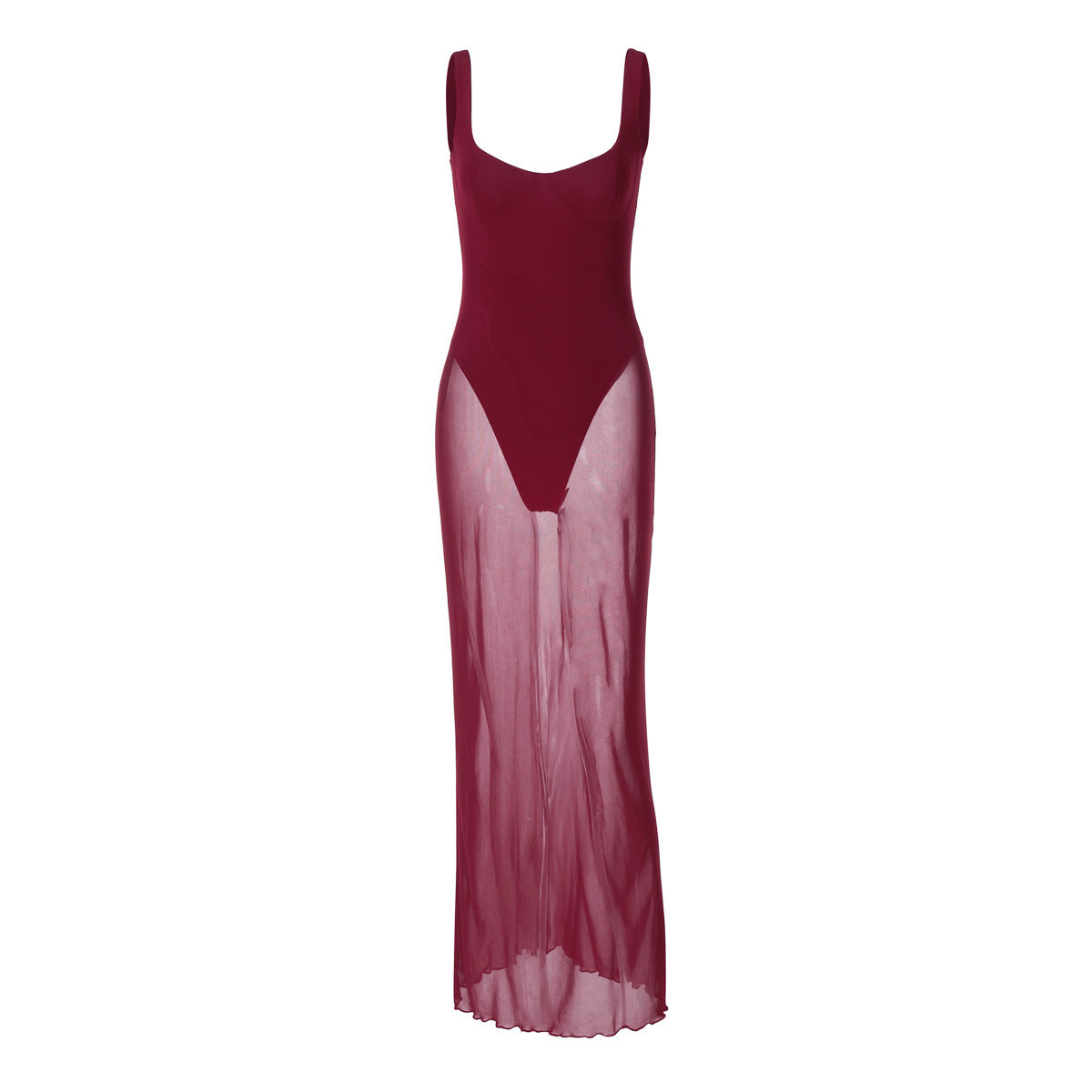 Bustier Scoop Neck Thick Strap Sheer Skirt Bodycon Maxi Gown