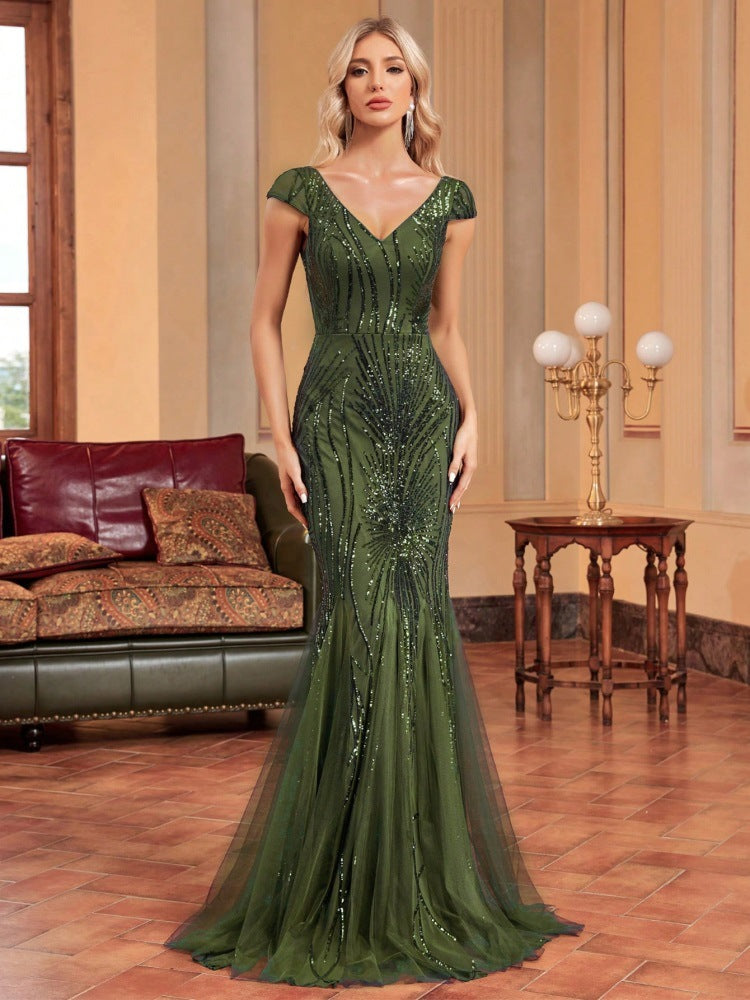 Sequin V-Neck Cap Sleeve Tulle Mermaid Maxi Gown