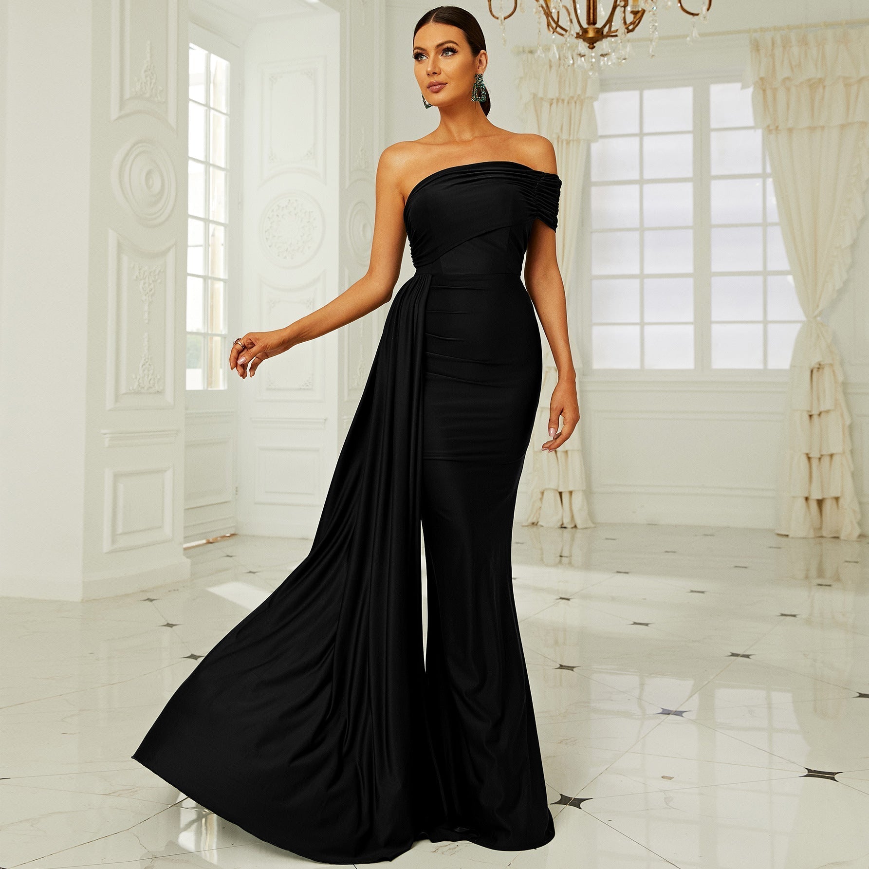 Satin Strapless Ruched Draped Mermaid Maxi Dress
