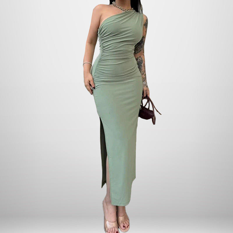 One Shoulder Sleeveless Ruched High Split Bodycon Maxi Dress