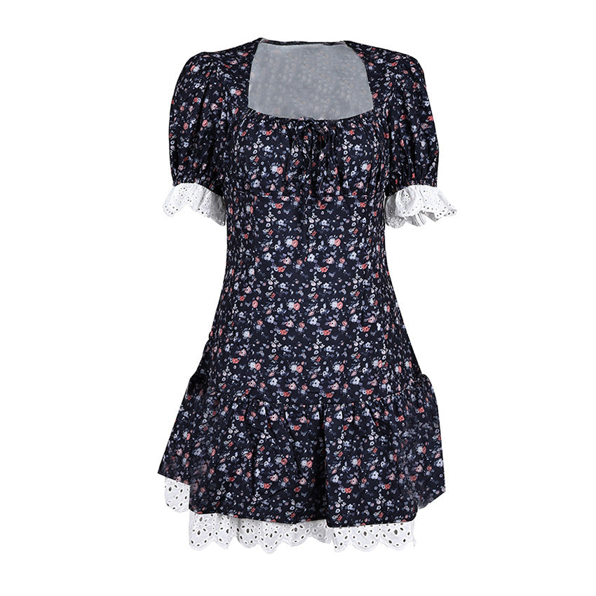 Floral Square Neck Puff Sleeve Lace Trim Mini Dress 5