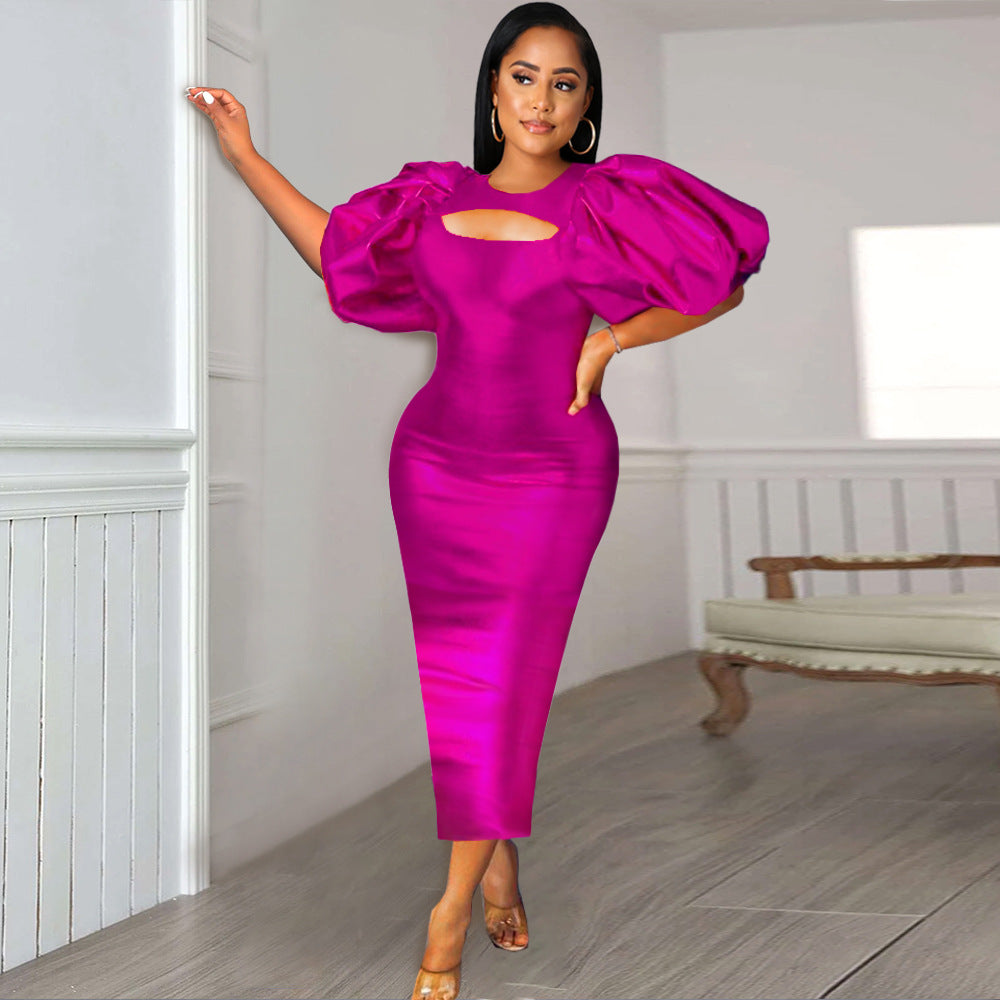 Summer round Neck Puff Sleeved Women High Waist Dress Maxi Dress Party Cocktail Dress Party Dress