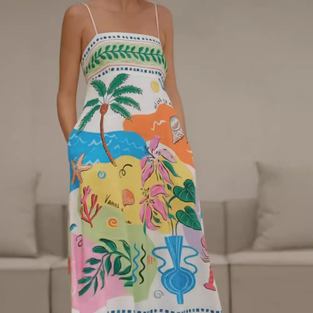 Tropical Beach Print Spaghetti Strap Square Neck Pocket Maxi Dress 2