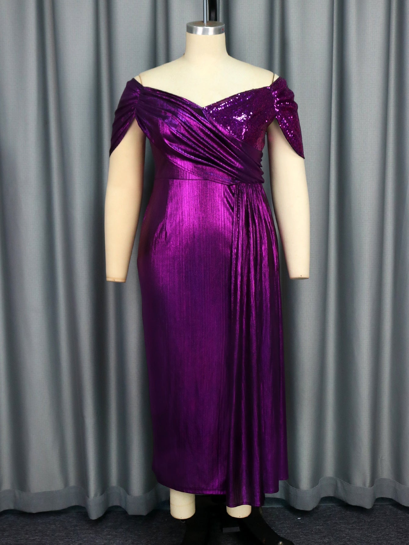 Off Shoulder Draped Ruched High Split Maxi Dress