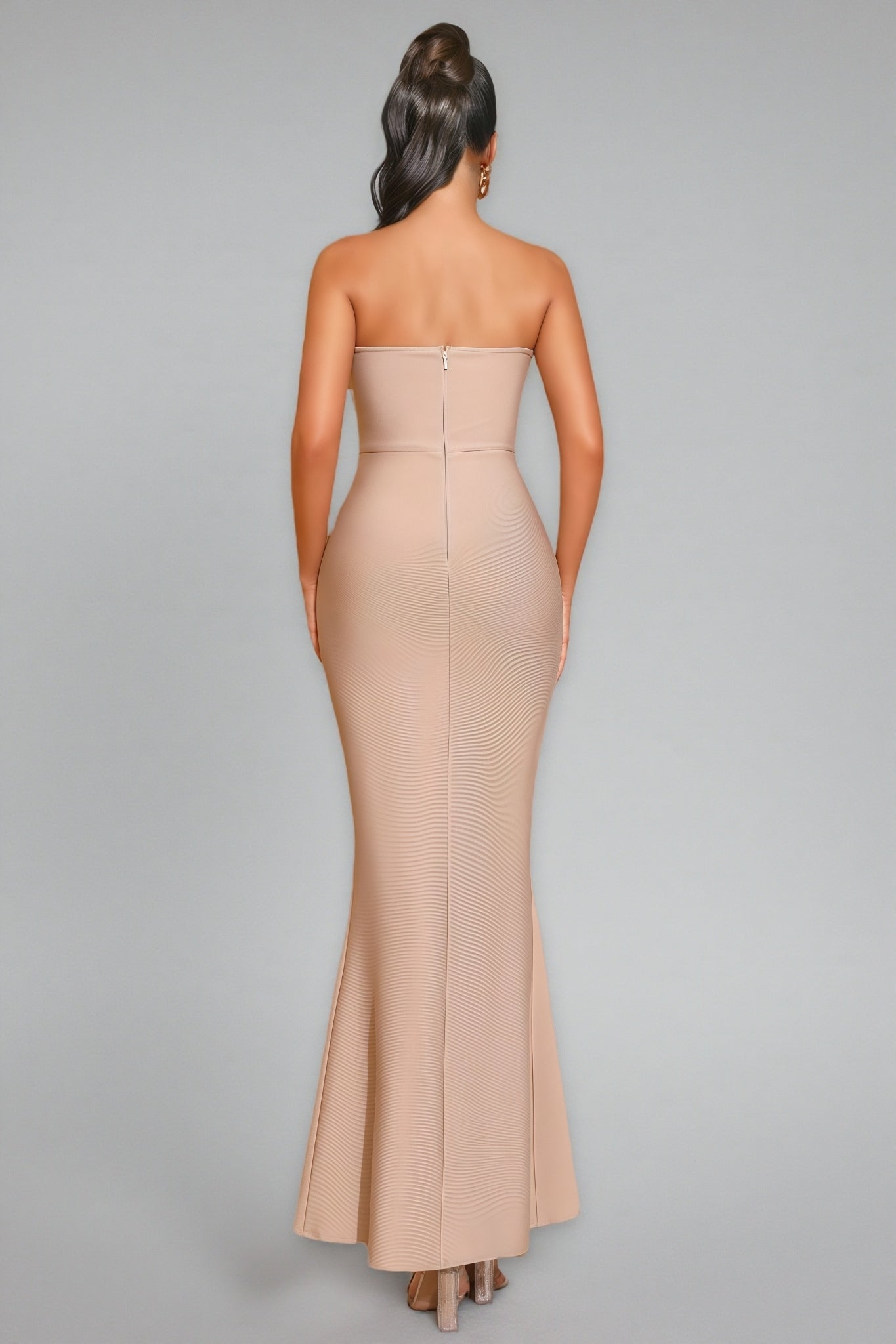 Pearl Rhinestone Sweetheart Plunge Illusion Mesh Bandage Mermaid Maxi Gown