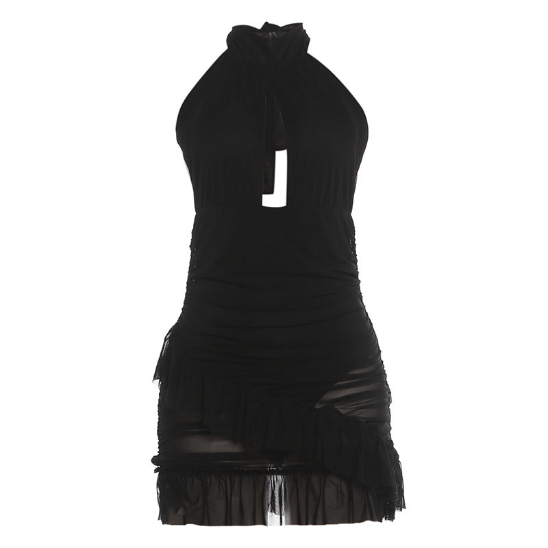 Halter Neck Keyhole Cut Out Mesh Ruffle Hem Bodycon Mini Dress 5