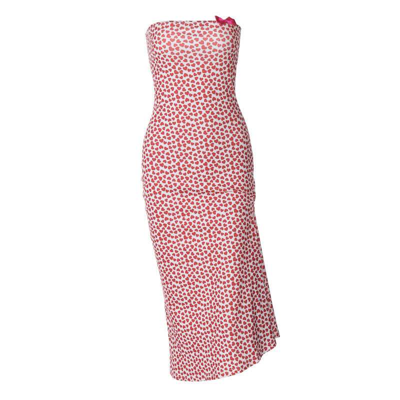 Heart Print Strapless Bow Detail Mermaid Hem Bodycon Midi Dress 2