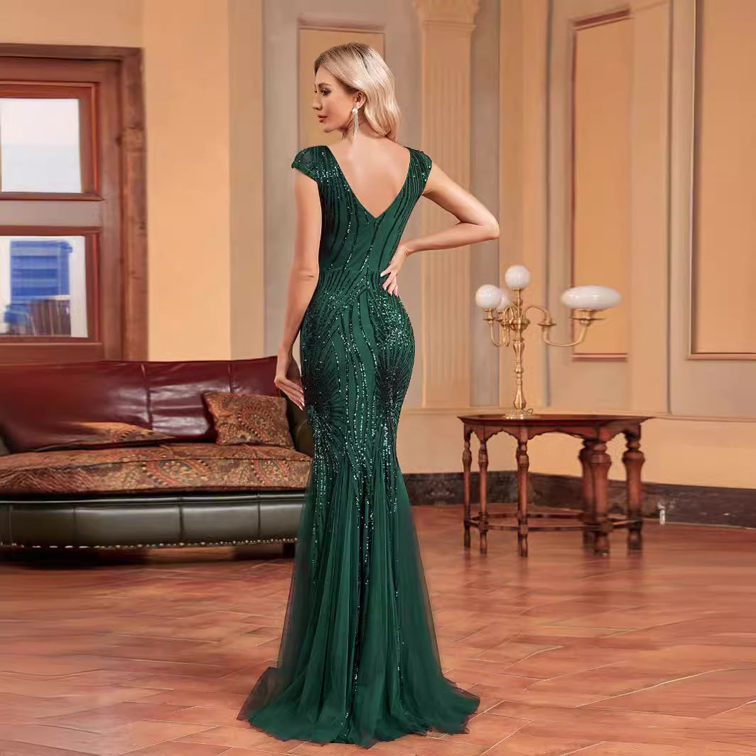 Sequin V-Neck Cap Sleeve Tulle Mermaid Maxi Gown