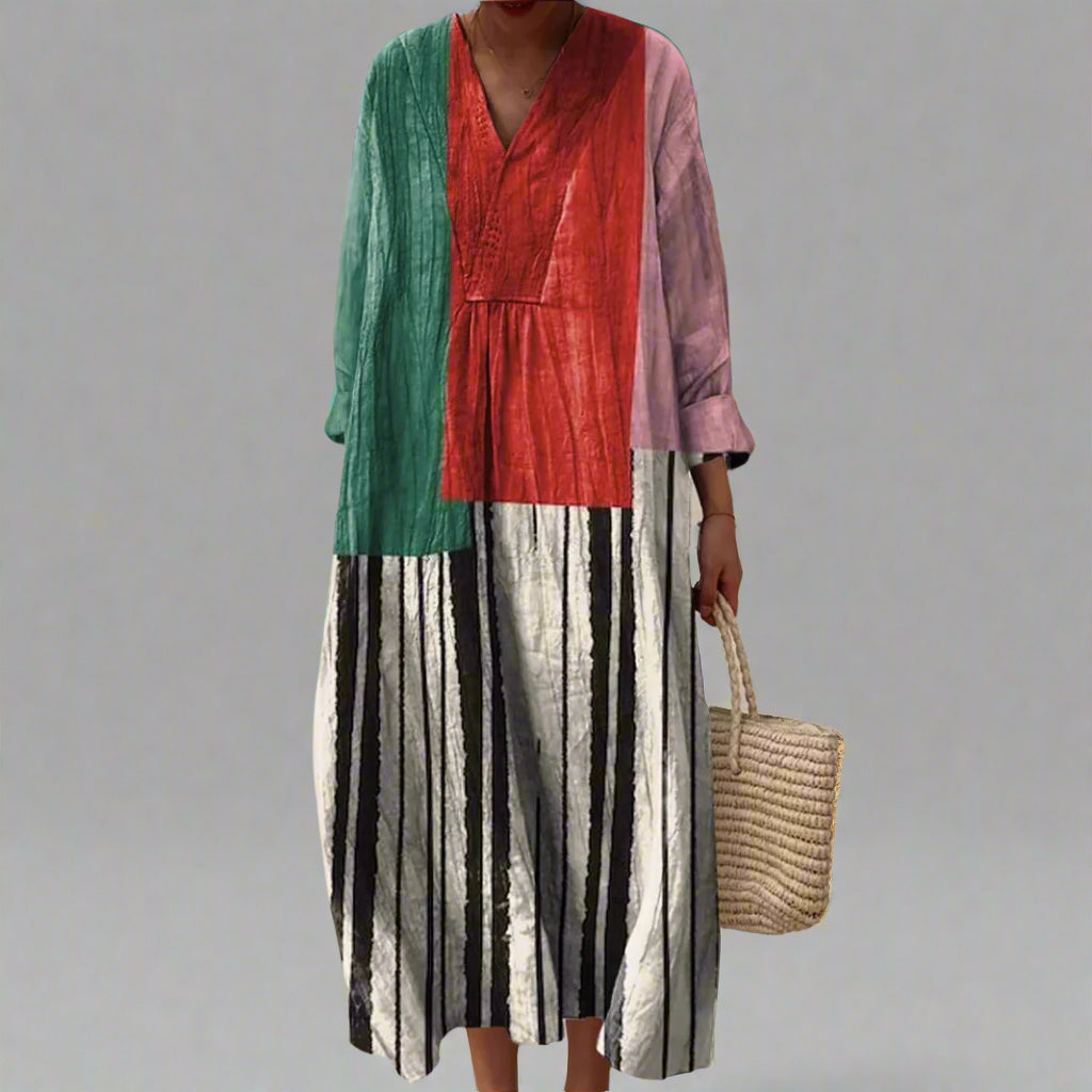 Color Block Striped V-Neck Long Sleeve Maxi Dress