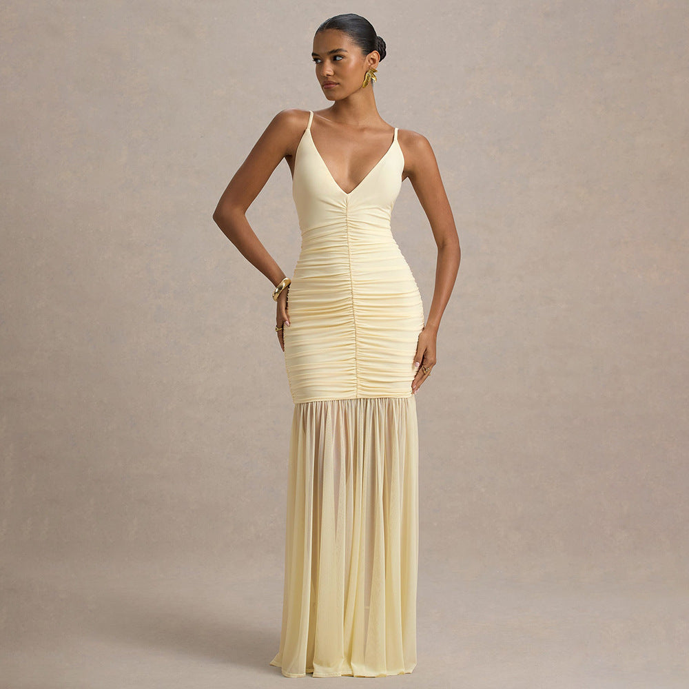 Straps Tulle Deep V Plunge Pleated Stitched Backless Maxi Dress - View 2