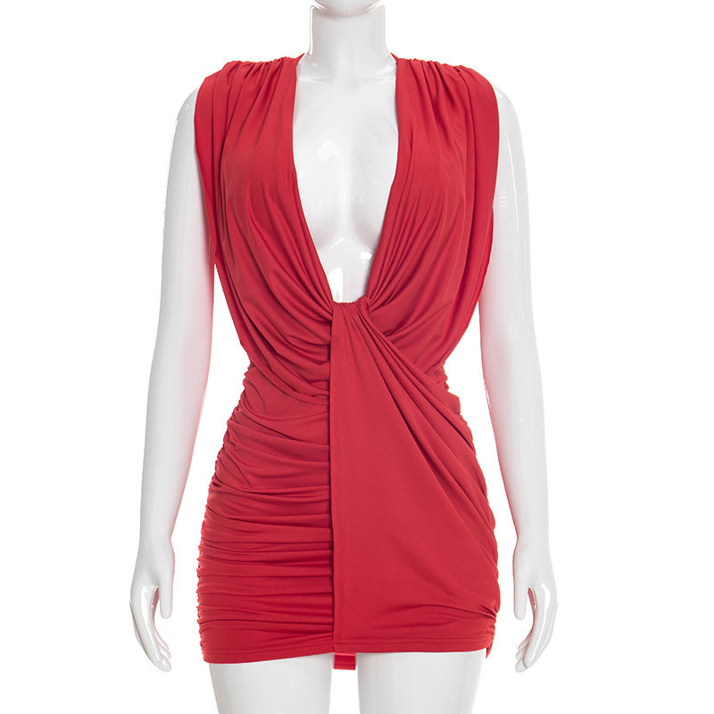 Deep V-Neck Sleeveless Twist Front Ruched Shoulder Pad Bodycon Mini Dress 6