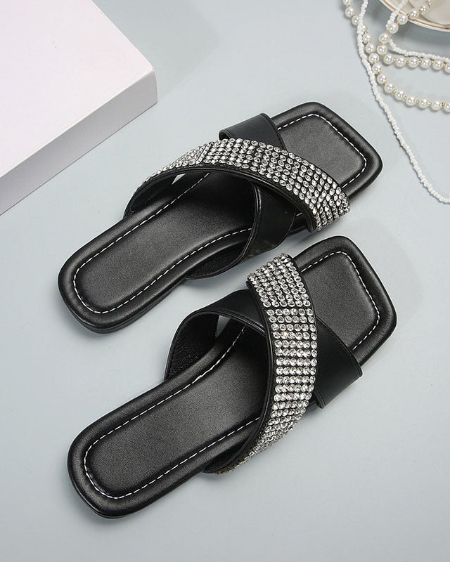 Cross Strap Rhinestone Square Toe Roman Slides