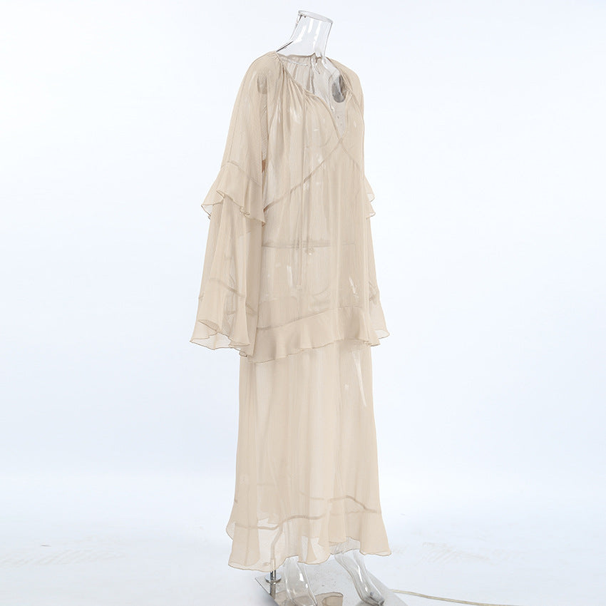 Sheer Tiered V-Neck Tie Neck Long Flared Ruffle Sleeve Maxi Dress