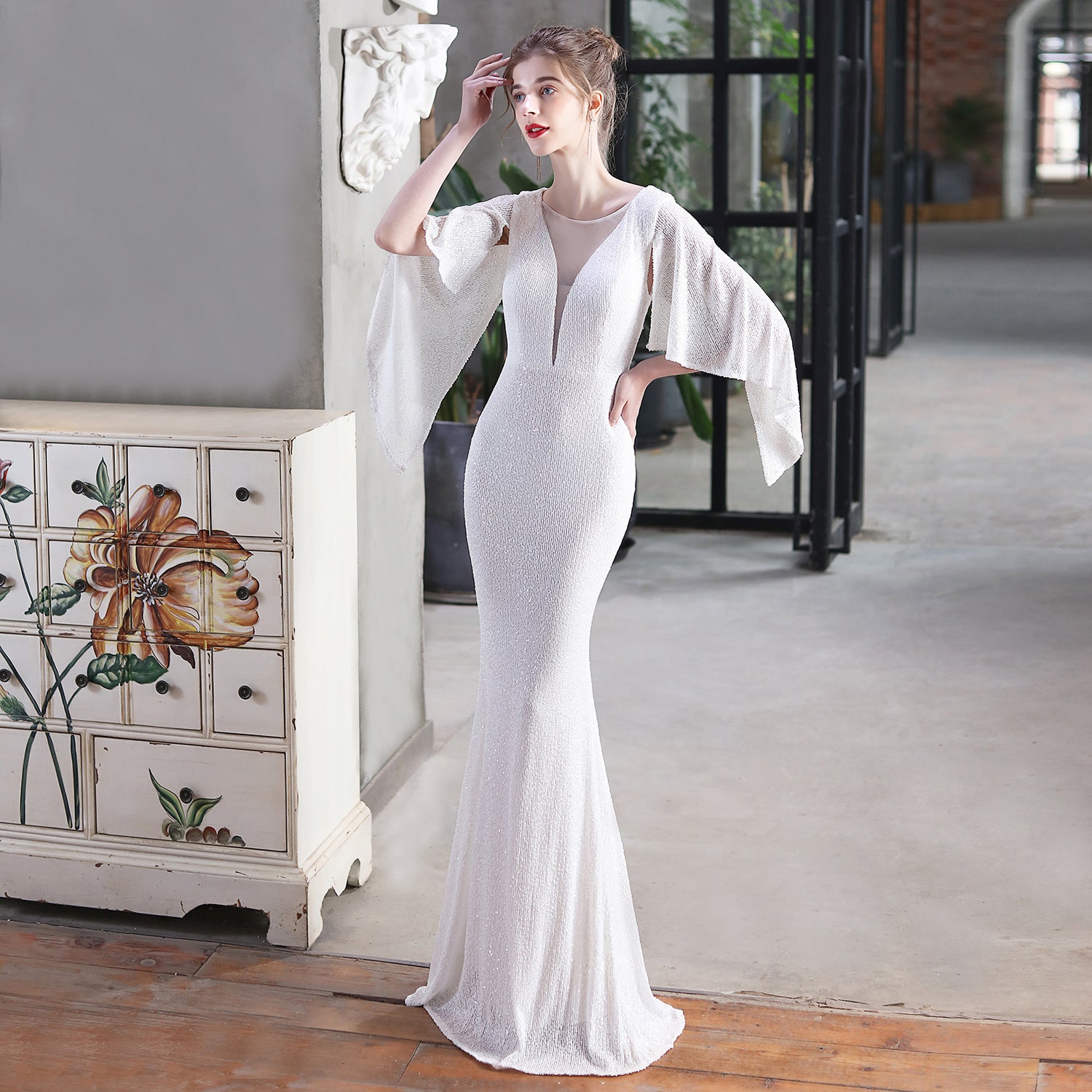 Angel Wings Sequined Fishtail Banquet Elegant Graceful Annual Meeting Host Car Model Party Dress Female Summer