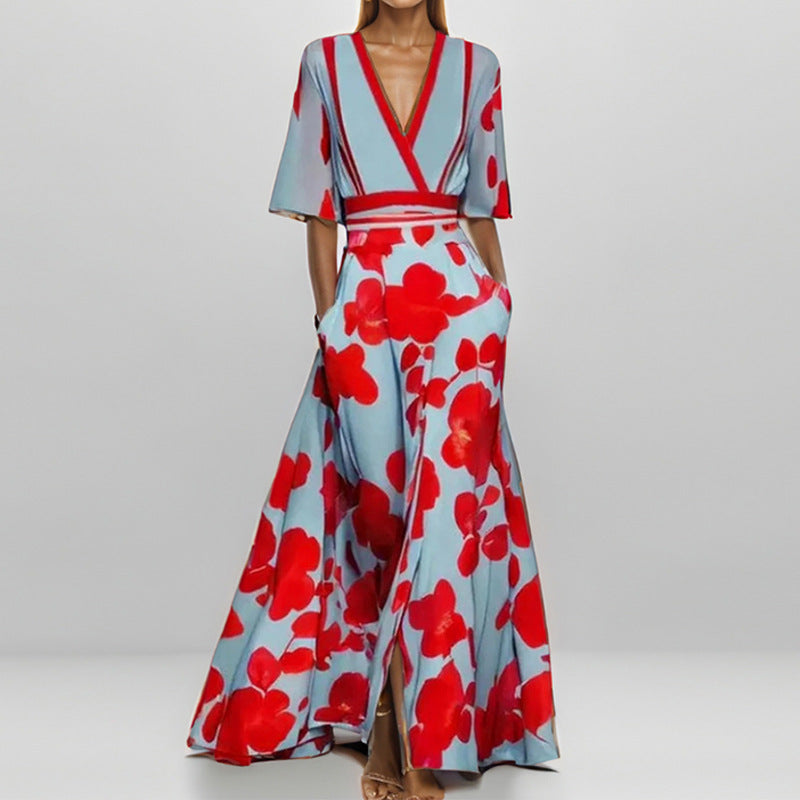 Abstract Print Deep V-Neck Wrap Maxi Dress 11