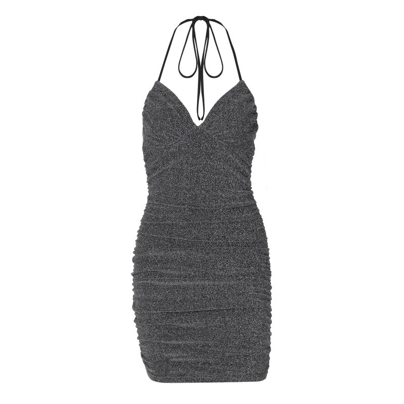 Glitter Halter Neck Ruched Bodycon Mini Party Dress