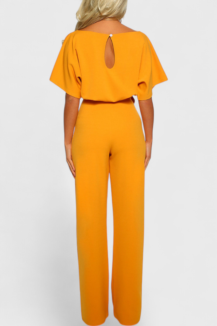 Boat Neck Batwing Sleeve Belted Wide Leg Jumpsuit