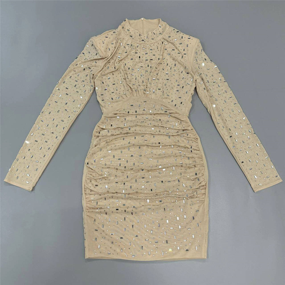 Sequin Mock Neck Ruched Long Sleeve Bodycon Mini Cocktail Dress