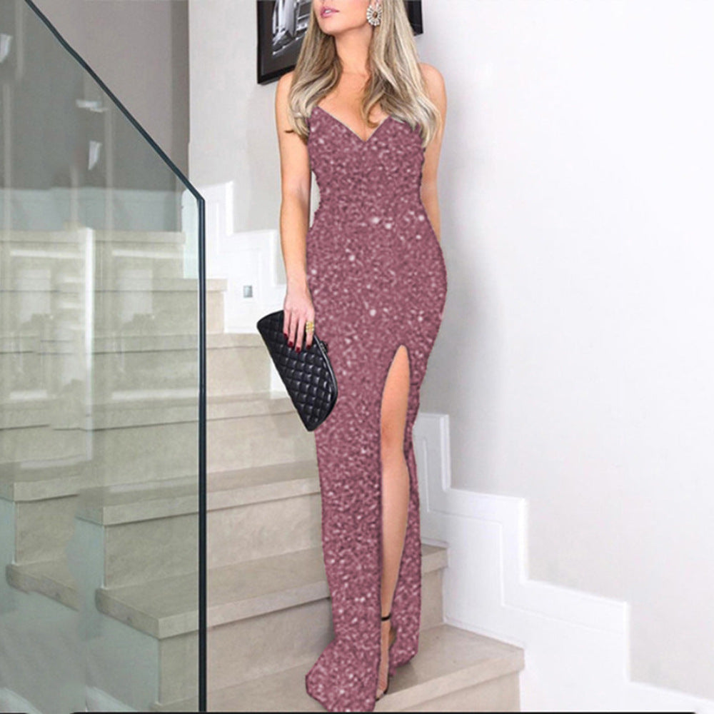Sequin V-Neck Spaghetti Strap Ruched High Split Bodycon Maxi Dress