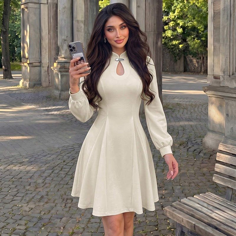 Mandarin Collar Keyhole Bishop Sleeve Fit and Flare Mini Dress