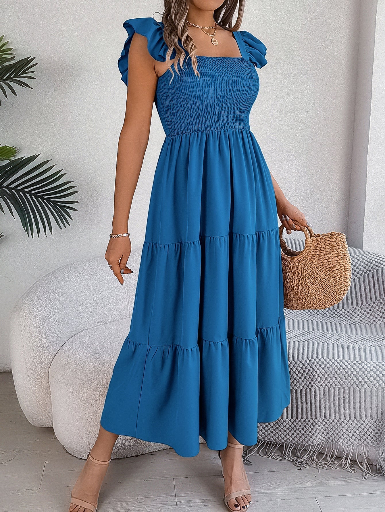 Ruffle Off The Shoulder Embroidered Floral Tiered Maxi Dress - Royal Blue