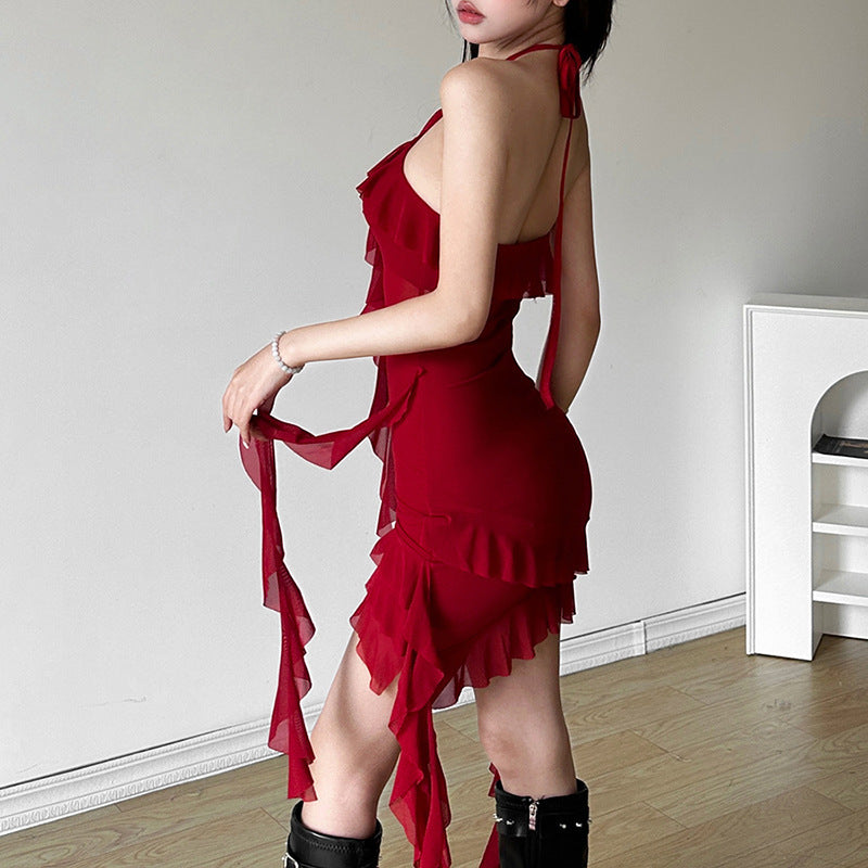 Mesh Halter Neck Ruffle Trim Asymmetric Layered Mini Dress 4