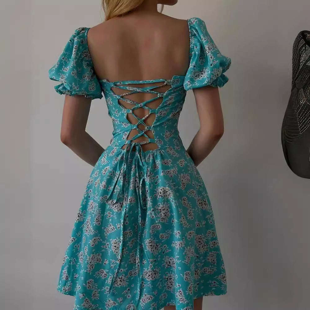 Floral Print Sweetheart Neck Puff Sleeve A-Line Mini Dress 2