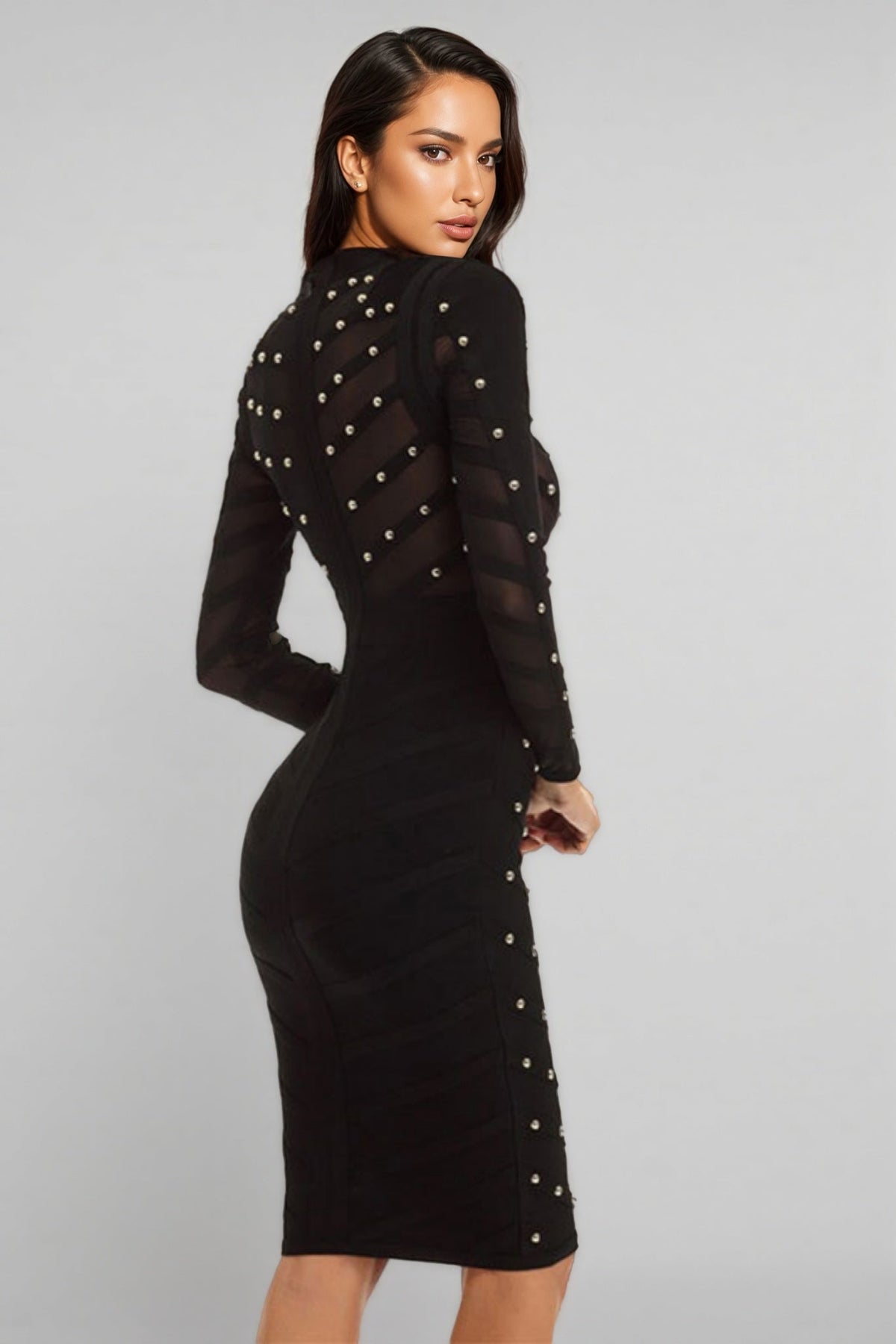 Studded Sheer Mesh Mock Neck Long Sleeve Bandage Bodycon Midi Dress 5
