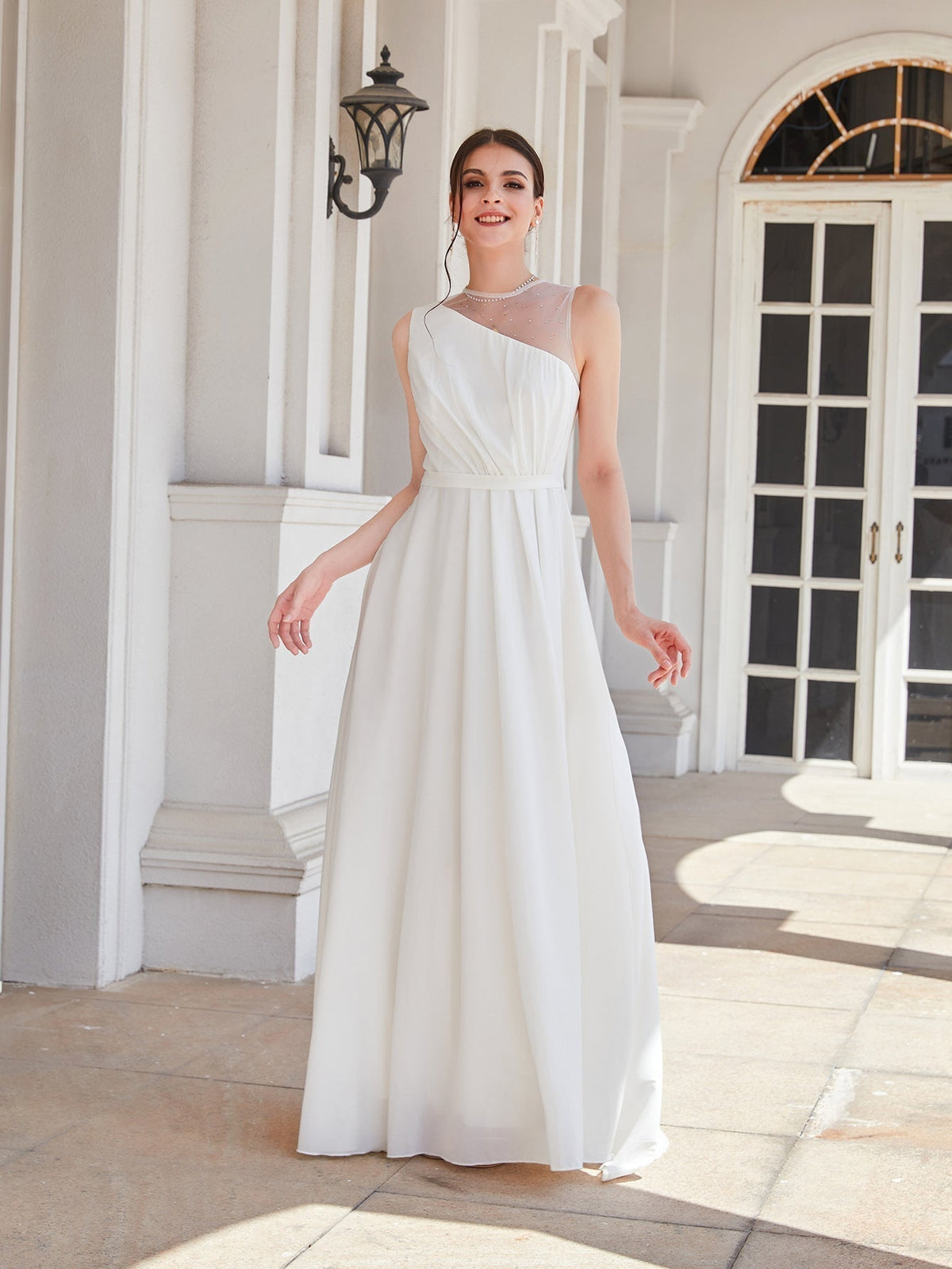One Shoulder Sheer Mesh Pleated Bodice A-Line Chiffon Maxi Dress