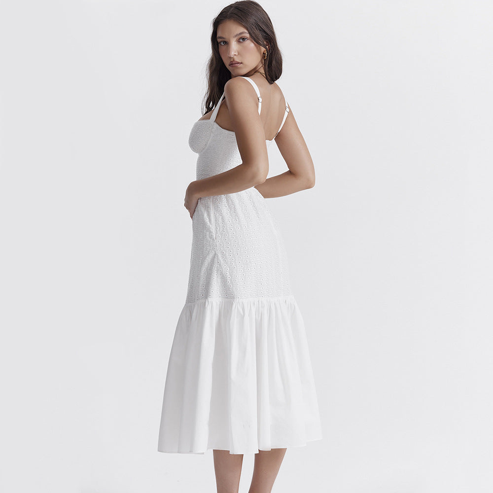 Eyelet Bustier Square Neck Wide Strap Tiered Ruffle Midi Dress