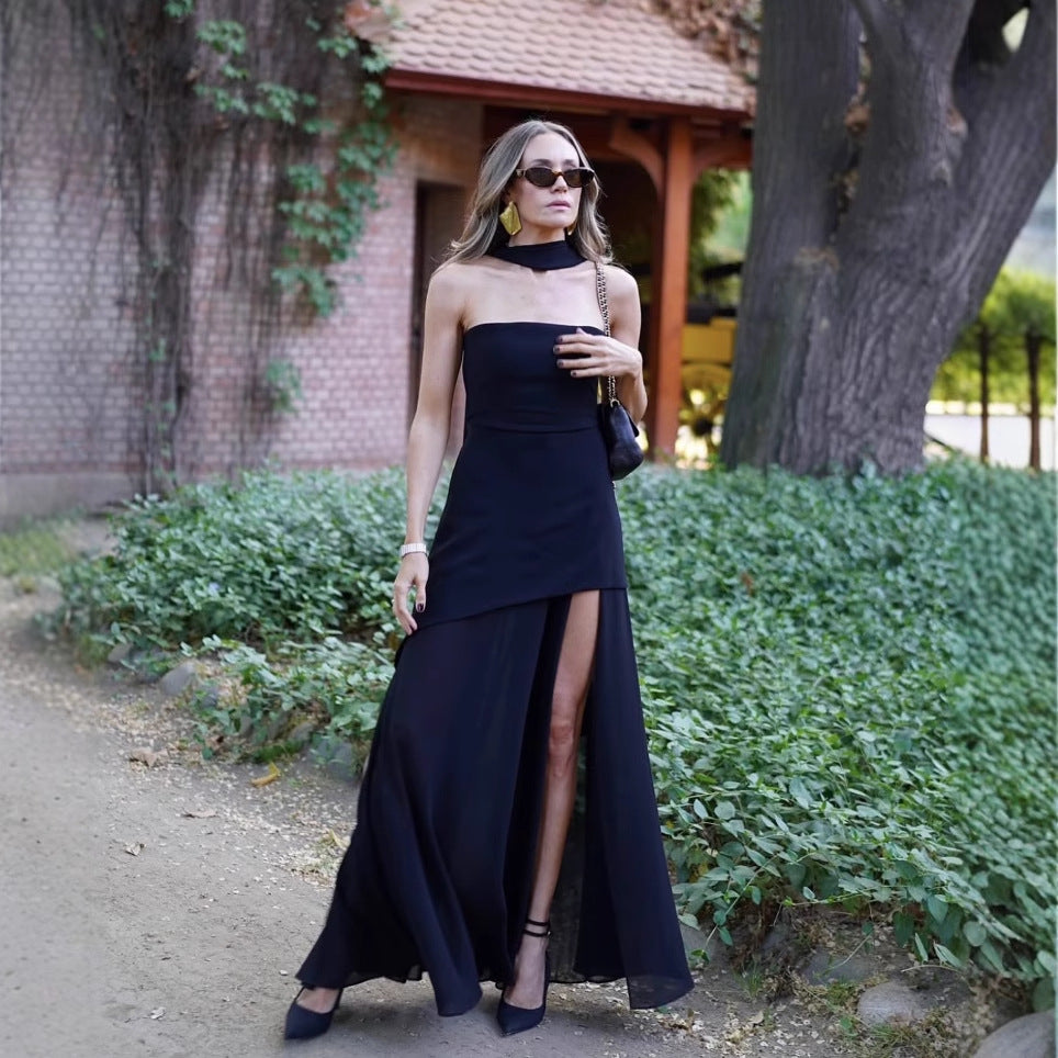 Strapless Tube Choker Neck Asymmetric Bodice Sheer Maxi Dress