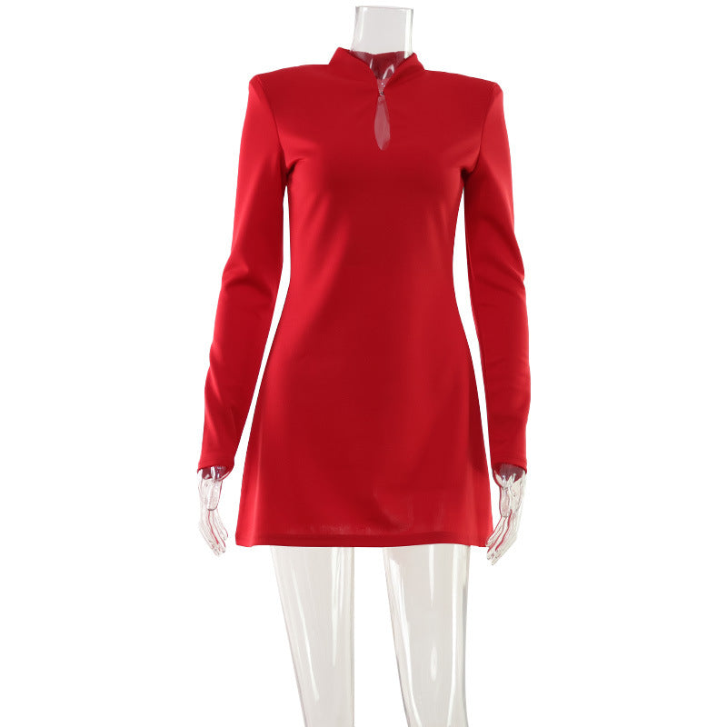 Long Sleeve Keyhole Cut Out Padded Shoulder Fit and Flare Mini Dress 2