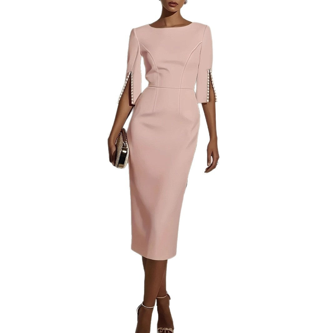 Boat Neck Split Sleeve Pearl Button Bodycon Midi Dress 5