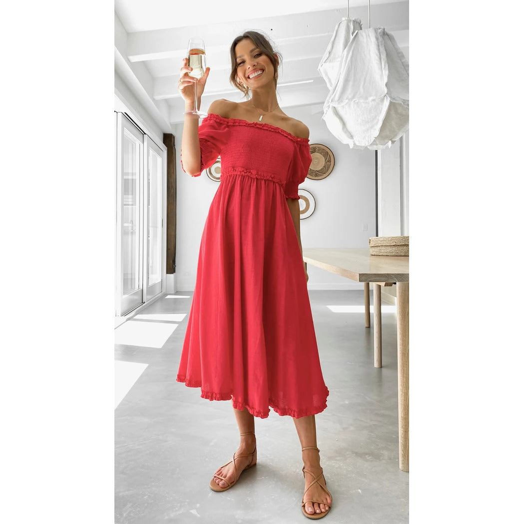 Off Shoulder Smocked Puff Sleeve Ruffle Hem Midi Dress