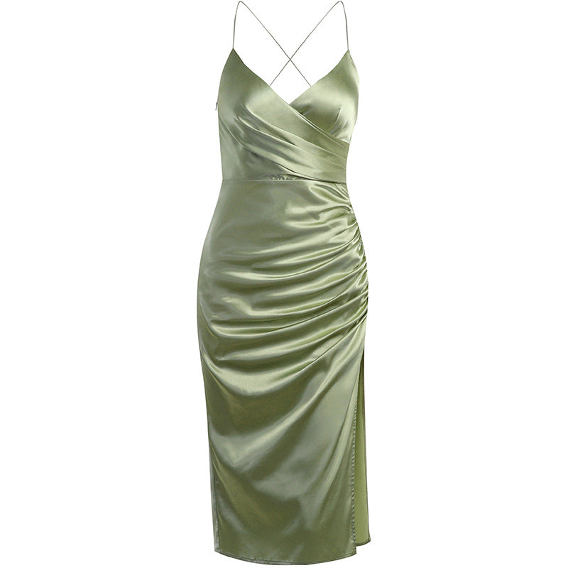 Satin Wrap V-Neck Spaghetti Strap Ruched Side High Split Midi Dress 4