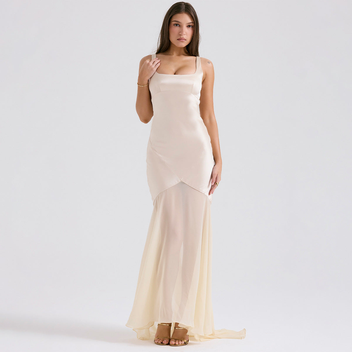 Satin Square Neck Wide Strap Chevron Seam Chiffon Trumpet Maxi Gown
