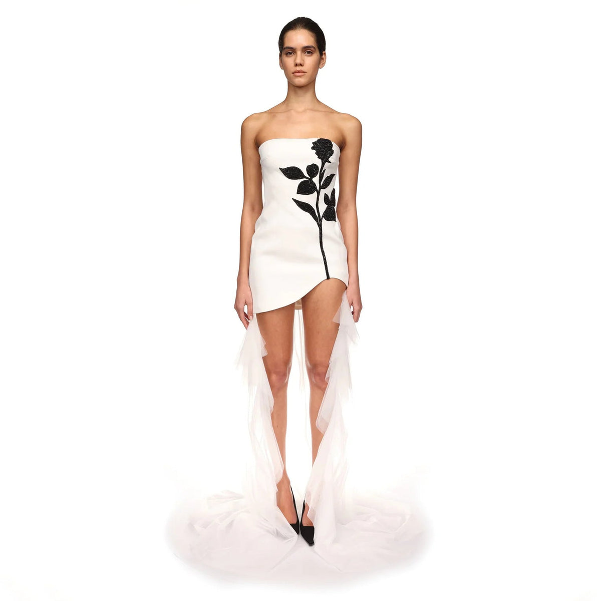 Strapless Rose Embellished Tulle Train High Low Mini Dress 3