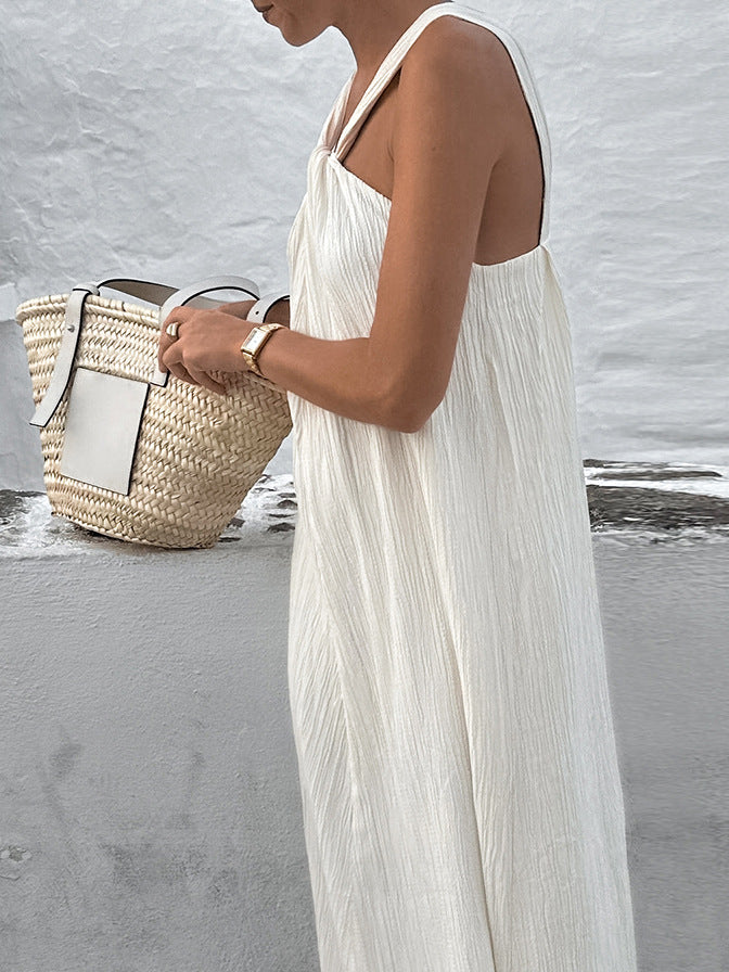 Halter Neck Twist Front Crinkled Pleated Sleeveless Maxi Gown